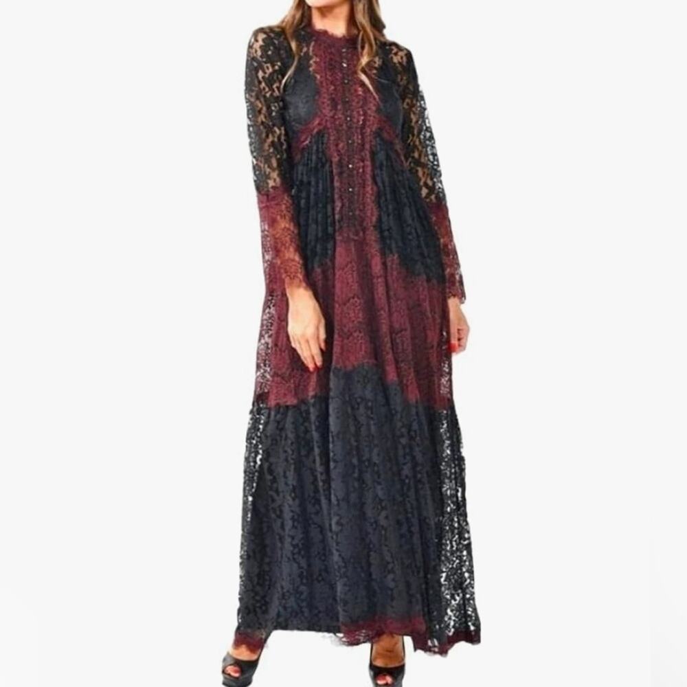 Barok Paris Lace Long Sleeve Maxi Dress Two Tone Burgundy Red & Navy Blue